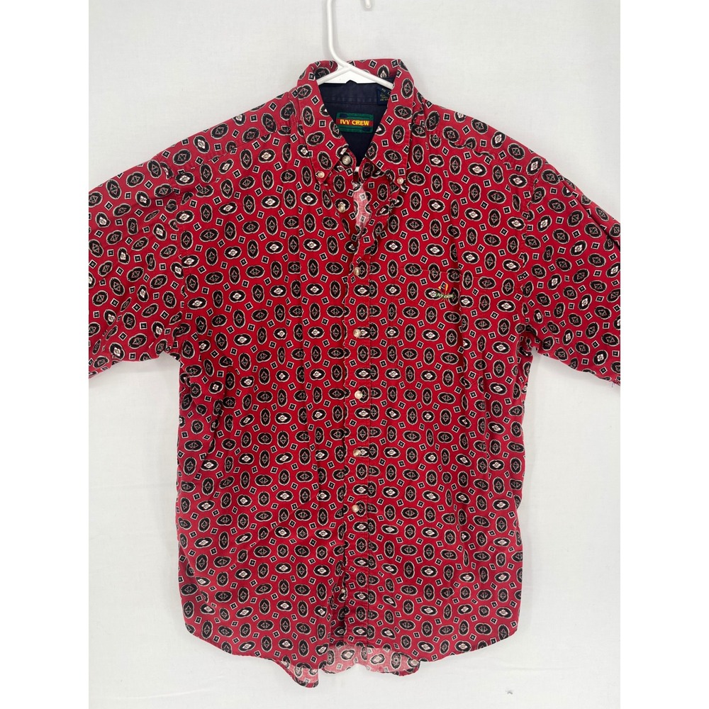 Ivy Crew Mens Large Cotton Short Sleeve Button Down Shirt Red Geometric Print L